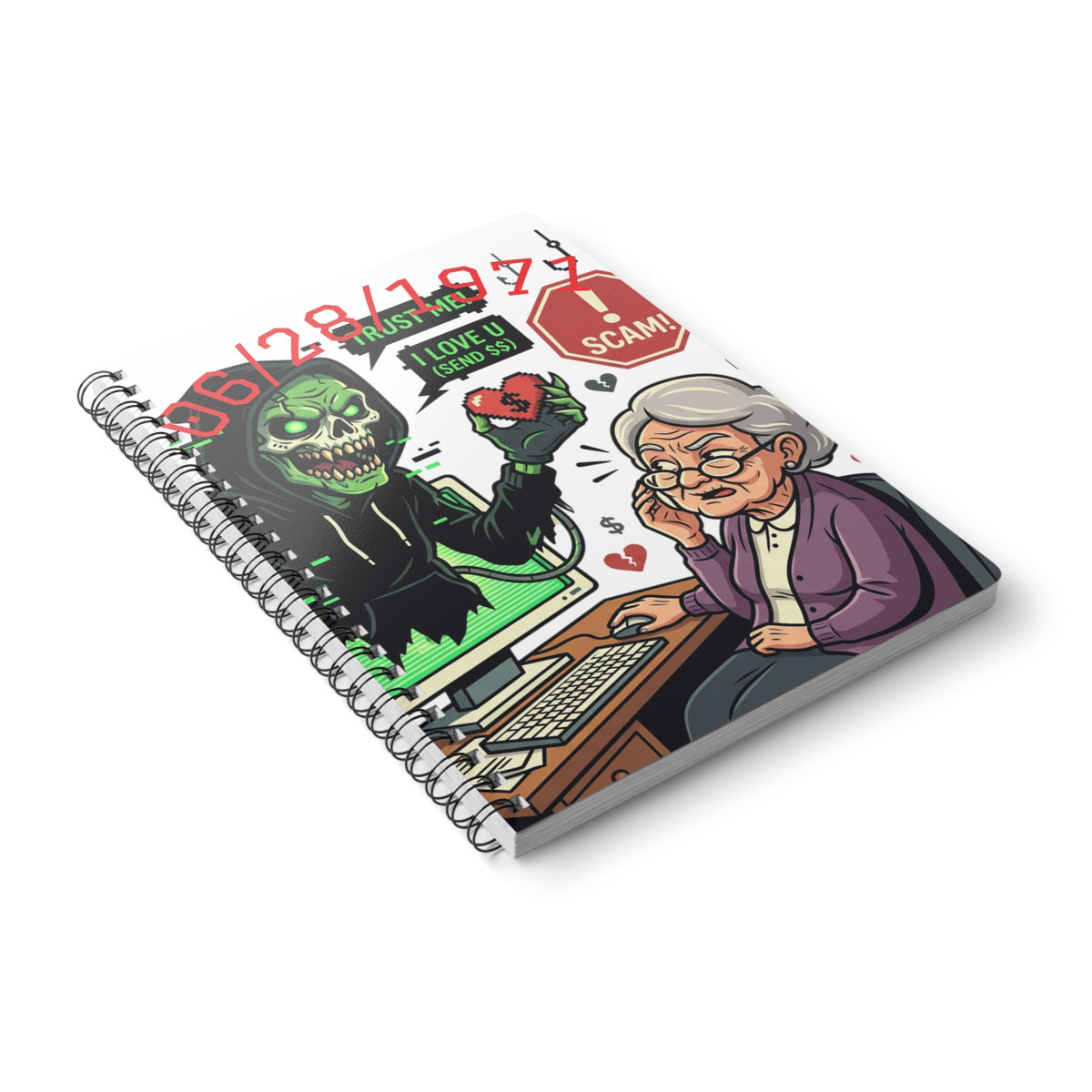 HALLOWEEN Anti scam granny’s Alert Spiral Notebook — Anti-Online Romance Fraud A5 Journal