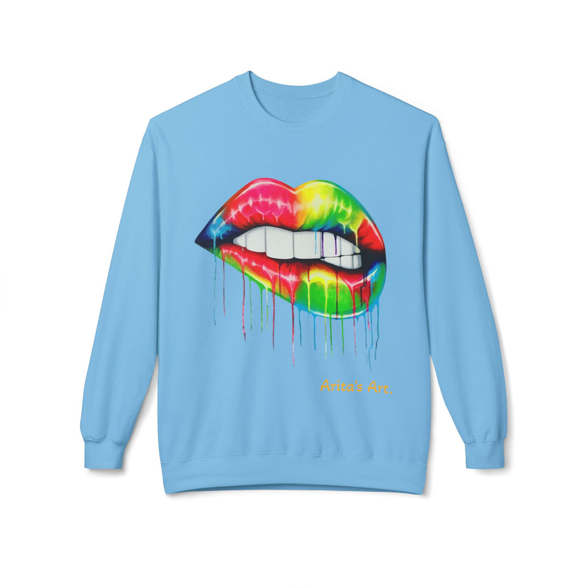 Rainbow Drip Lip Crewneck Sweatshirt — Colorful Biting Lips Graphic