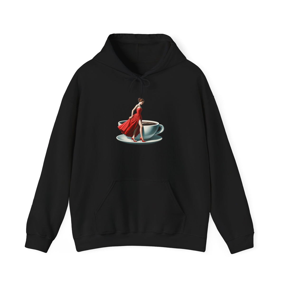 Coffee Date Hoodie — Woman in Red Dress Standing on Teacup Graphic Hoodie