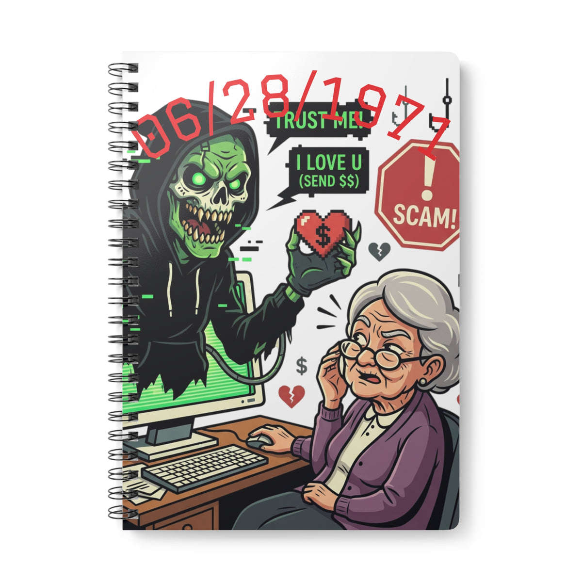 HALLOWEEN Anti scam granny’s Alert Spiral Notebook — Anti-Online Romance Fraud A5 Journal